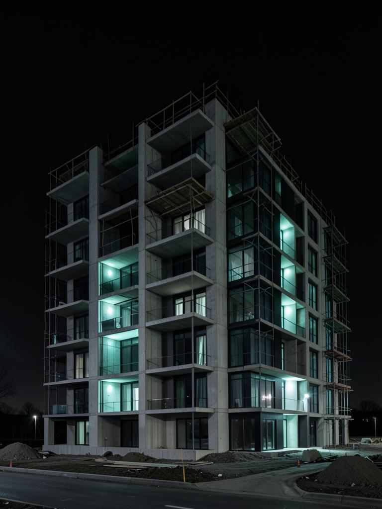 Fachada de edifício residencial em obra iluminada à noite