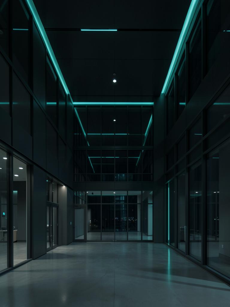 Interior de edifício corporativo à noite com luzes mint
